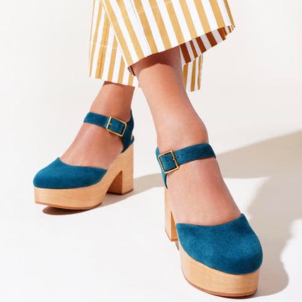 Charlotte Stone Sal Teal Suede Platform Clog Heels Size 11